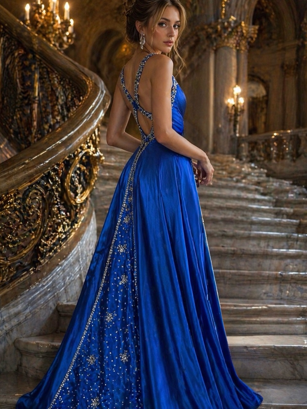Vintage Y2K Nina Canacci Sapphire Cobalt Blue Beaded Regency Prom Gown